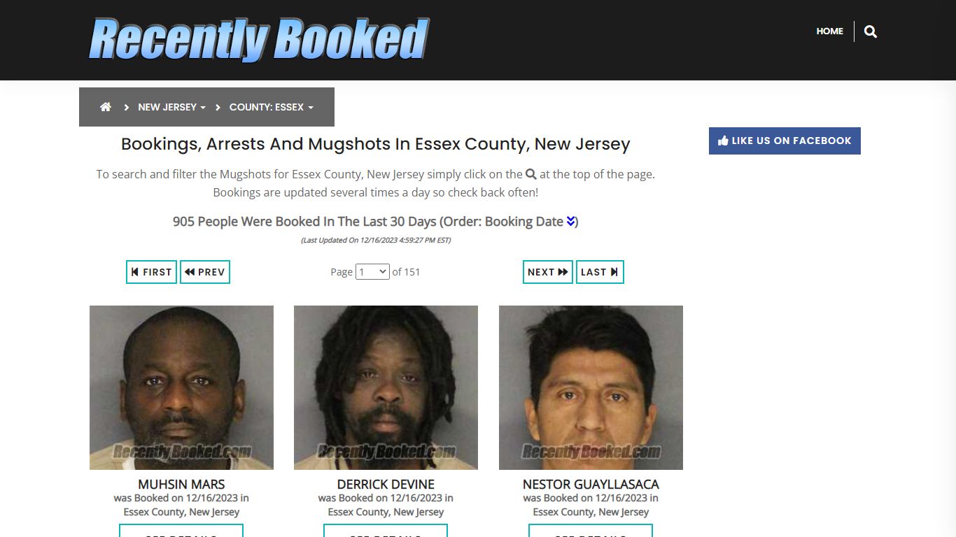 Bookings, Arrests and Mugshots in Essex County, New Jersey